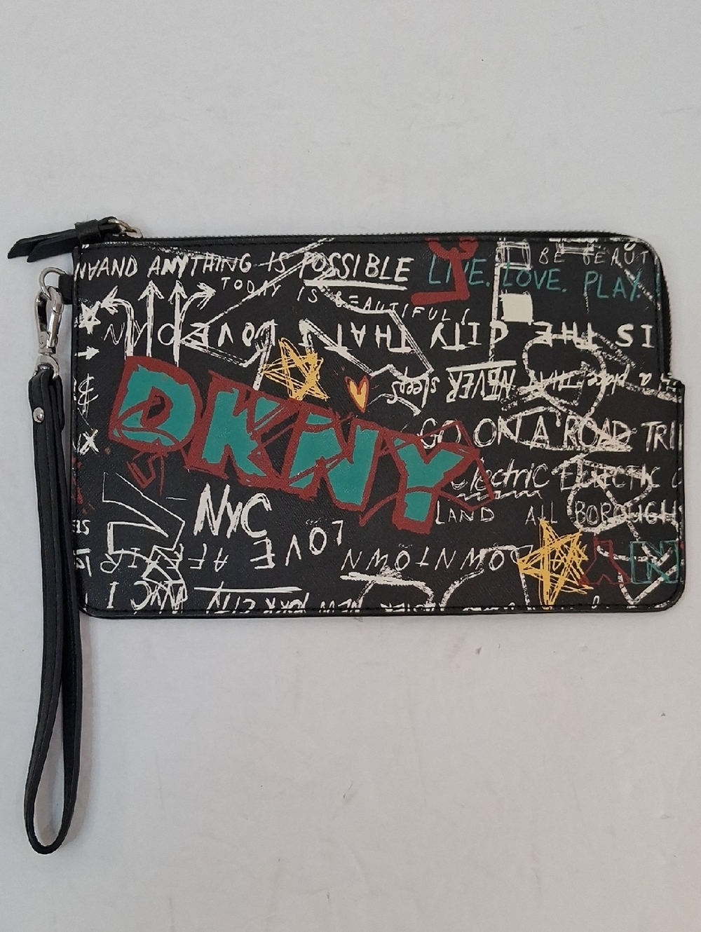 DKNY Black Multicolor Logo Wristlet Clutch